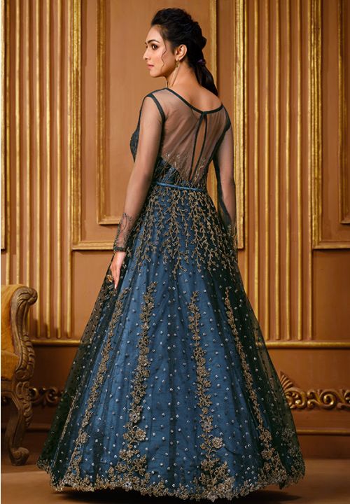 Puffy tiered skirt teal/turquoise ball gown wedding dress with train and  ruffles - various styles